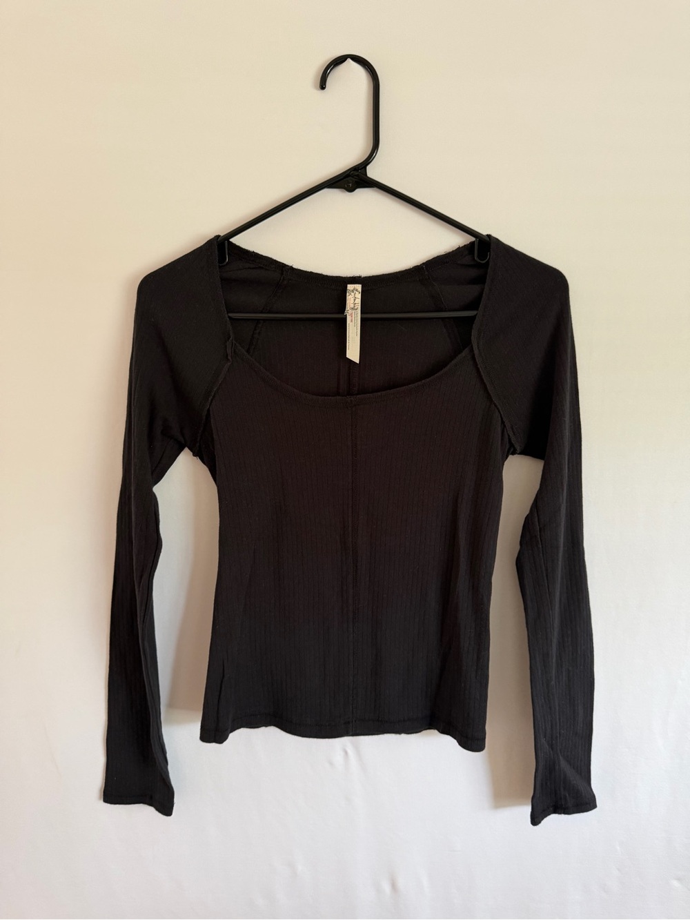 Intimately Free People Black Ribbed Square Neck Seam Detail Sz S Long Sleeve Tee